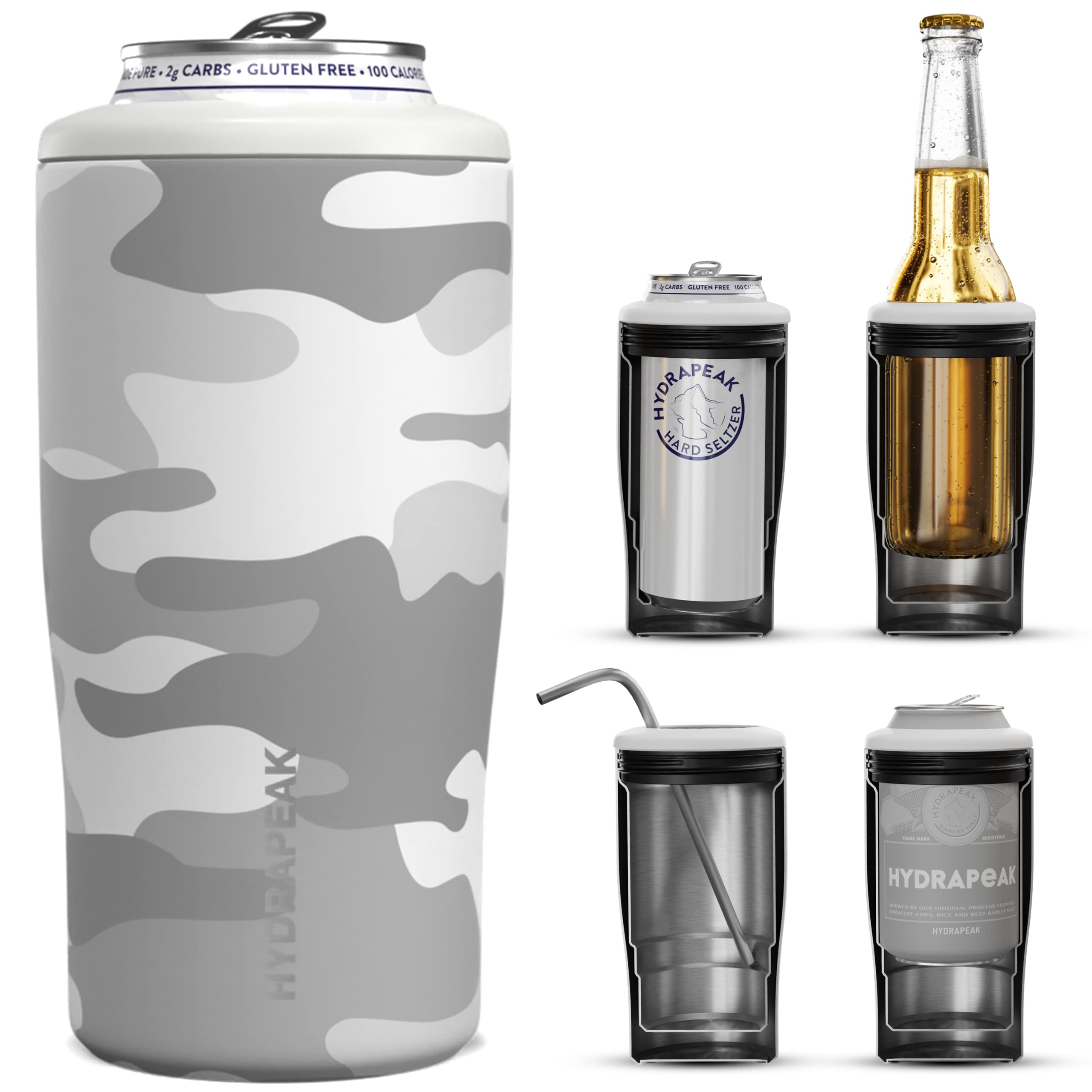 Hydrapeak 4-in-1 Insulated Can Cooler - White Camo, Fits 12 oz Slim & Standard Cans and Bottles