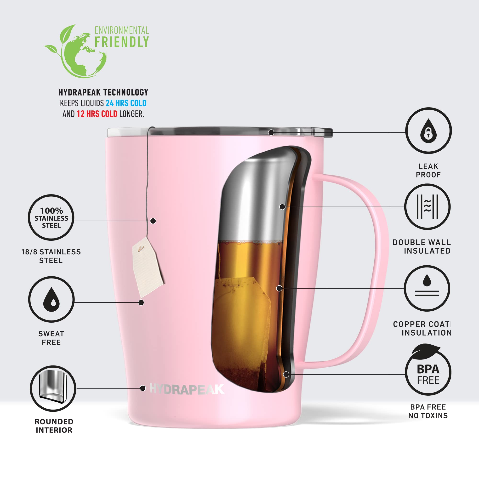 Hydrapeak SAVOR 18oz Double Vacuum Insulated Coffee Mug - Pink, Stainless Steel Travel Cup with Handle