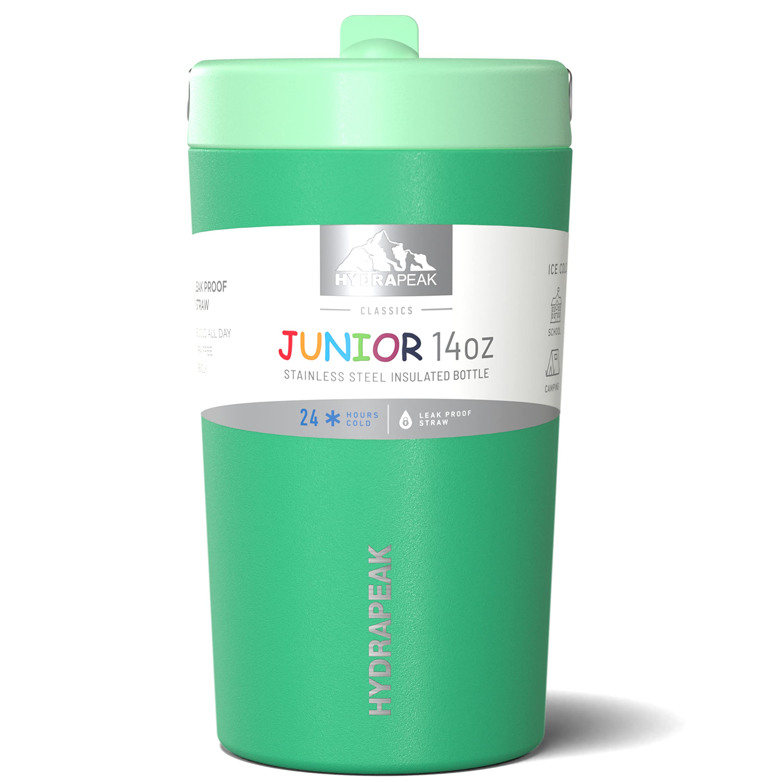 Hydrapeak Junior 14oz Insulated Kids Water Bottle with Straw Lid - Stainless Steel, Leak-Proof, Jade Green