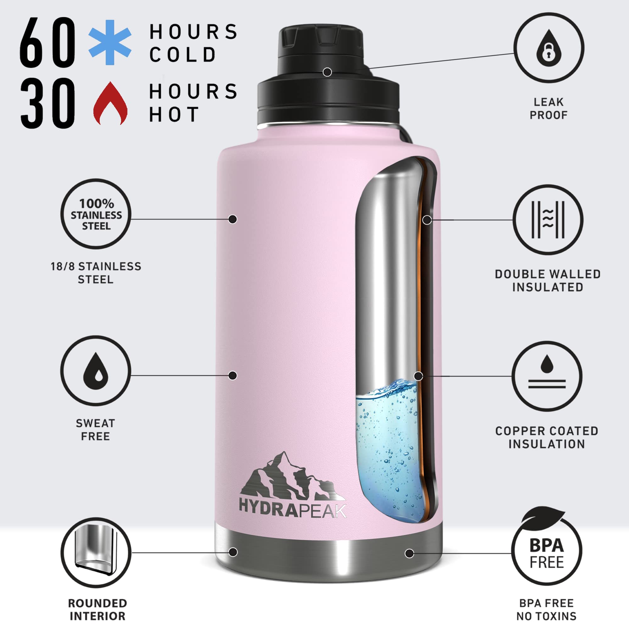 Hydrapeak 50oz Insulated Water Bottle - Blush, Leak-Proof Stainless Steel Vacuum Flask with Chug Lid