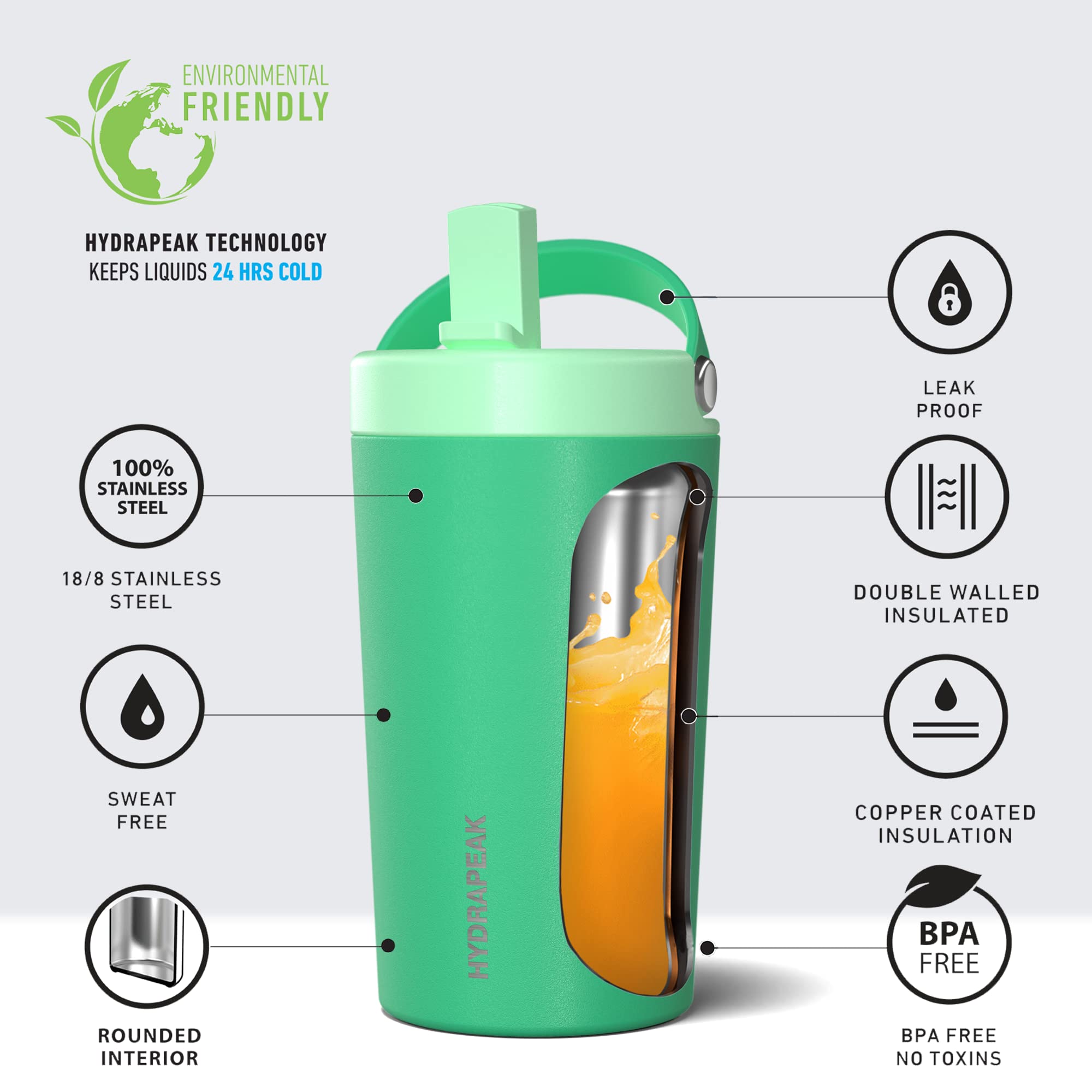 Hydrapeak Junior 14oz Insulated Kids Water Bottle with Straw Lid - Stainless Steel, Leak-Proof, Jade Green
