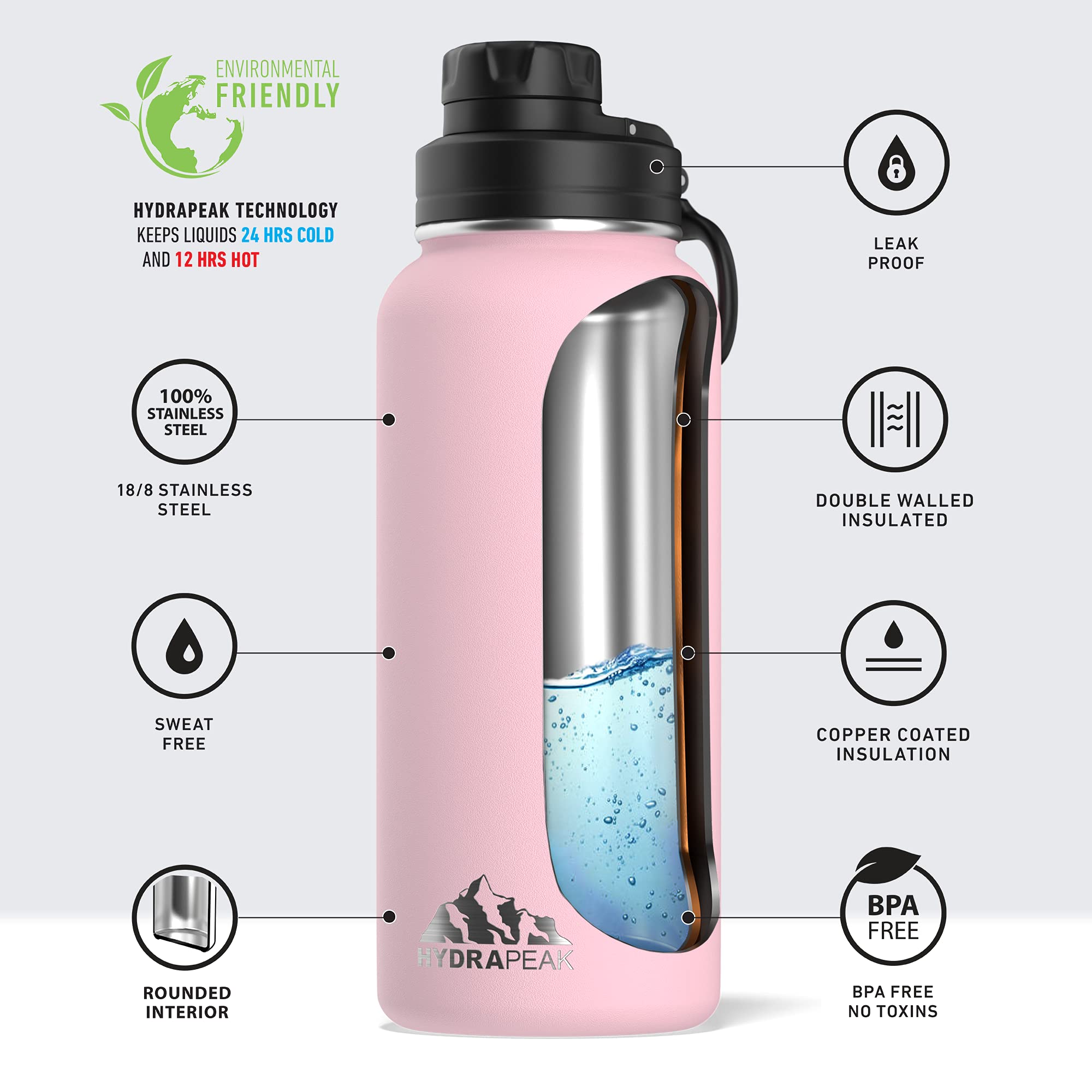 Hydrapeak 32oz Insulated Water Bottle with Chug Lid - Pink, Leak-Proof Stainless Steel with Handle