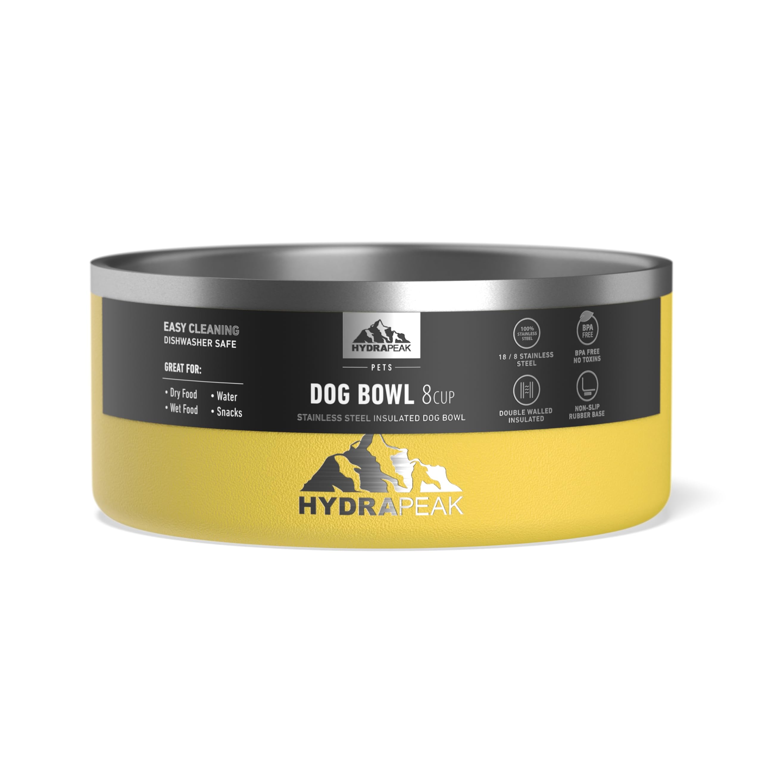 Hydrapeak Dog Bowl - Non Slip Stainless Steel, 8 Cup (64oz) Lemon