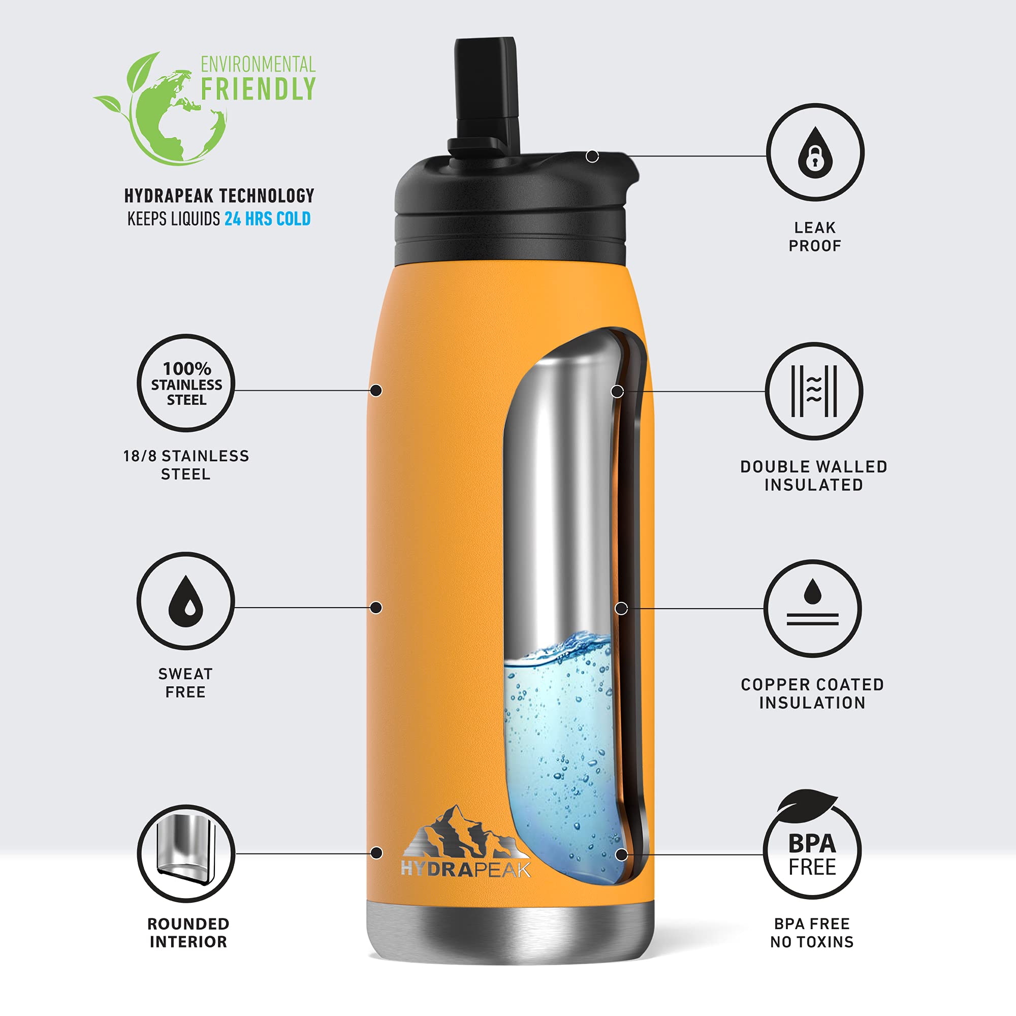 Hydrapeak Flow 32oz Insulated Water Bottle with Straw Lid - Mango, Stainless Steel, BPA-Free Leak-Proof Waterbottle