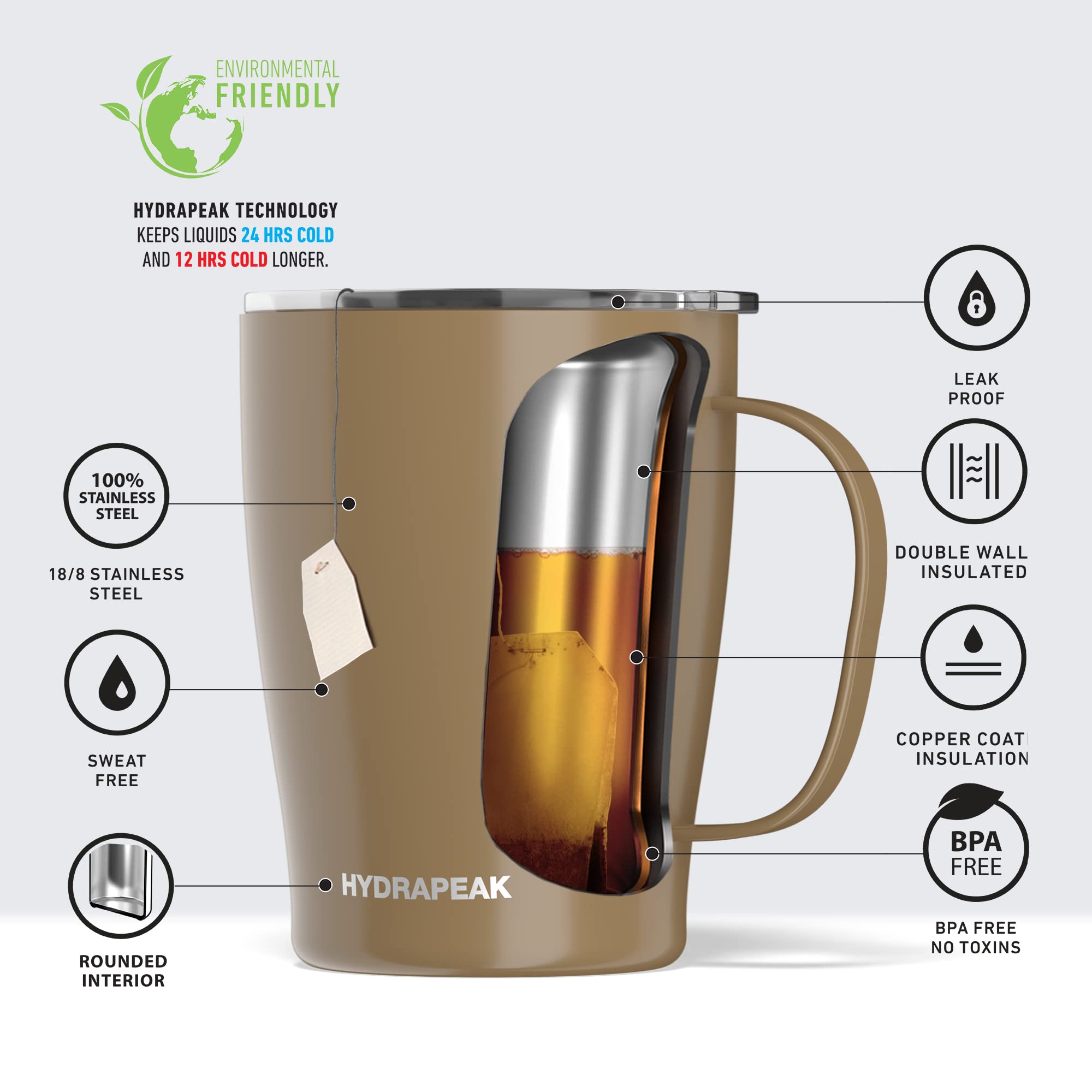 Hydrapeak SAVOR 18oz Insulated Travel Mug - Champagne Gold, Vacuum-Insulated Stainless Steel with Lid