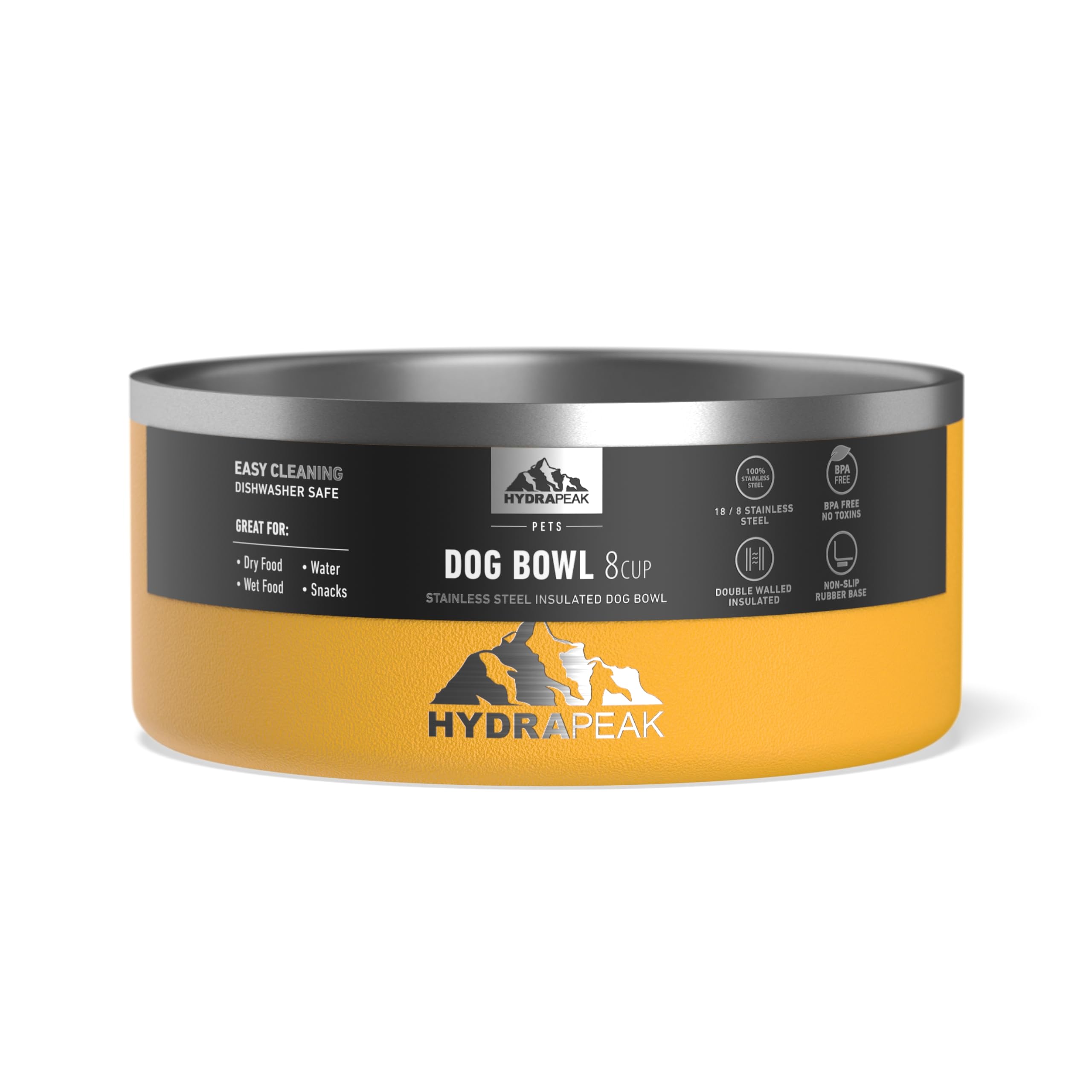 Hydrapeak Dog Bowl - Non Slip Stainless Steel Water and Food Dish, 32oz/64oz, Large and Small Dogs, 8 Cup (Mango)