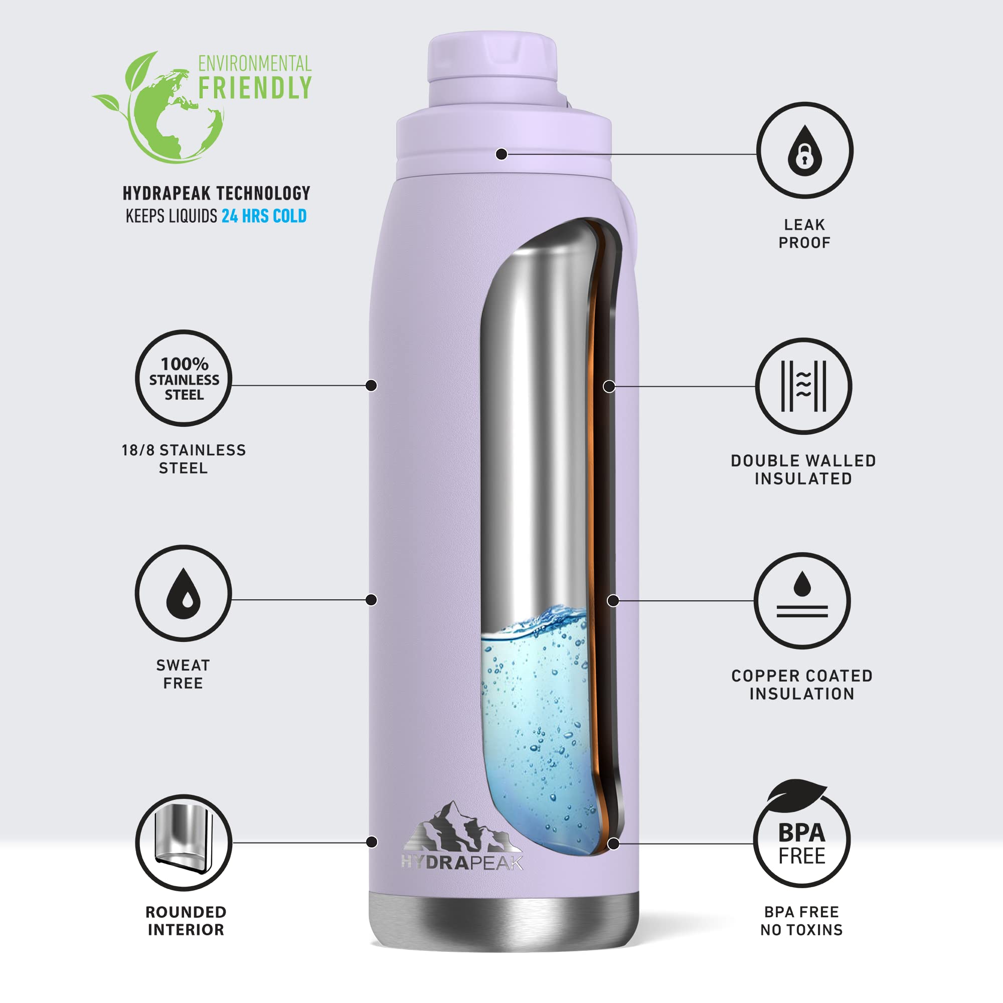 Hydrapeak 40 oz Insulated Water Bottle Chug Lid - Orchid - Leak Proof Double Wall Stainless Steel
