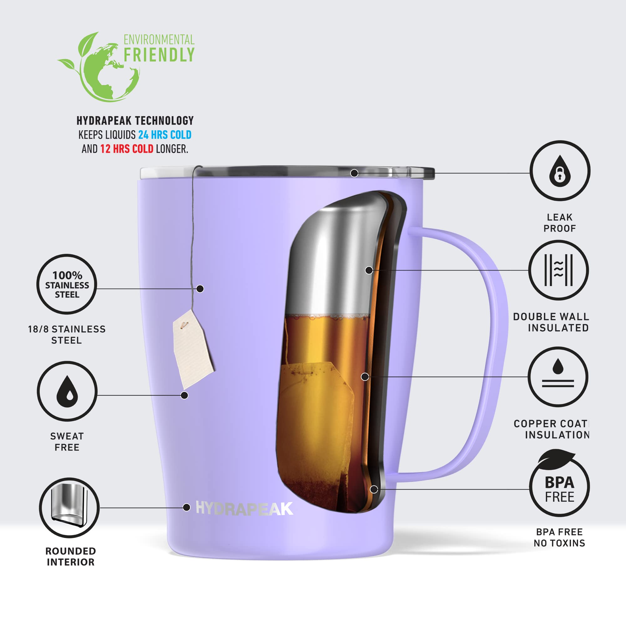Hydrapeak SAVOR 18 oz Double Vacuum Insulated Coffee Mug - Lilac Travel Cup