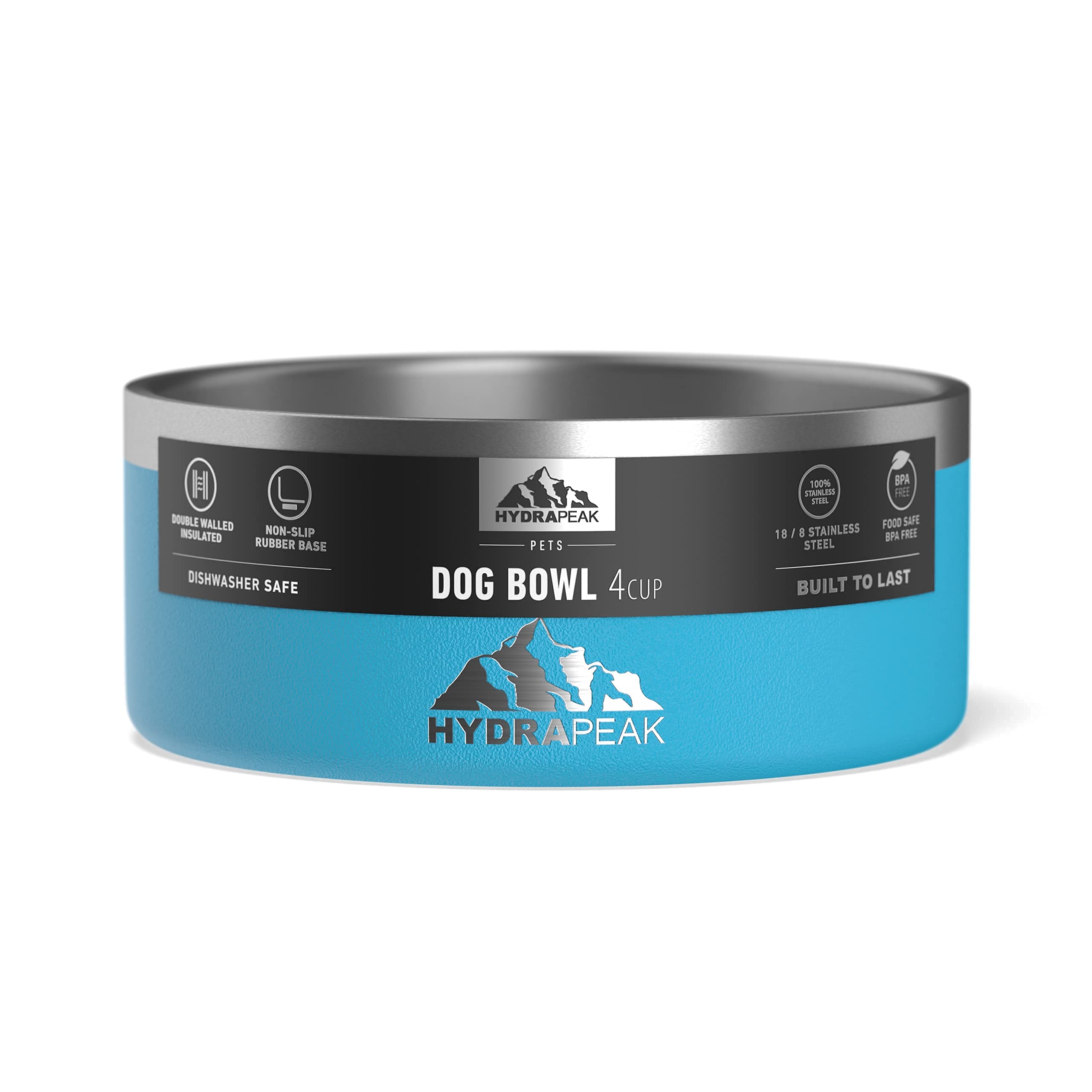 Hydrapeak Dog Bowl - Non-Slip Stainless Steel, Water and Food Dish, 32oz, 4 Cup, Sky for Small Dogs