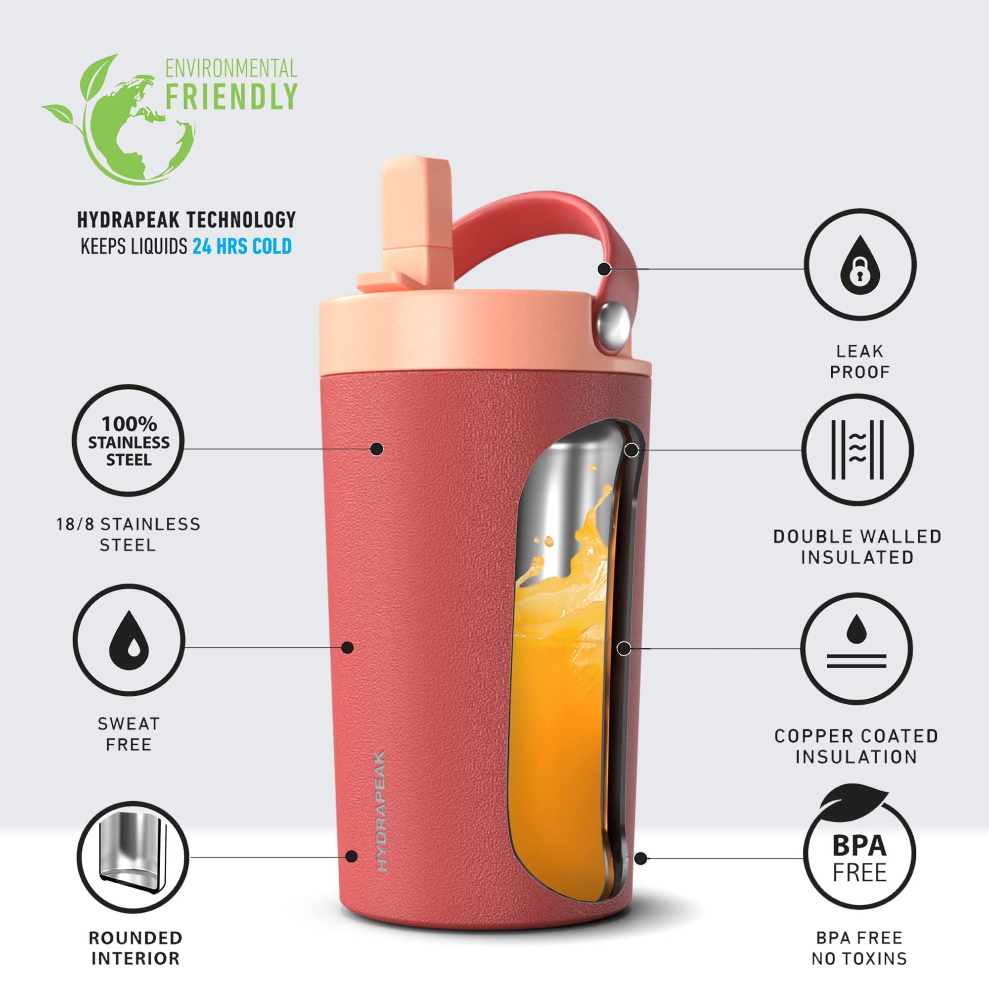 Hydrapeak Junior 14oz Insulated Kids Water Bottle - Red/Peach Straw Lid