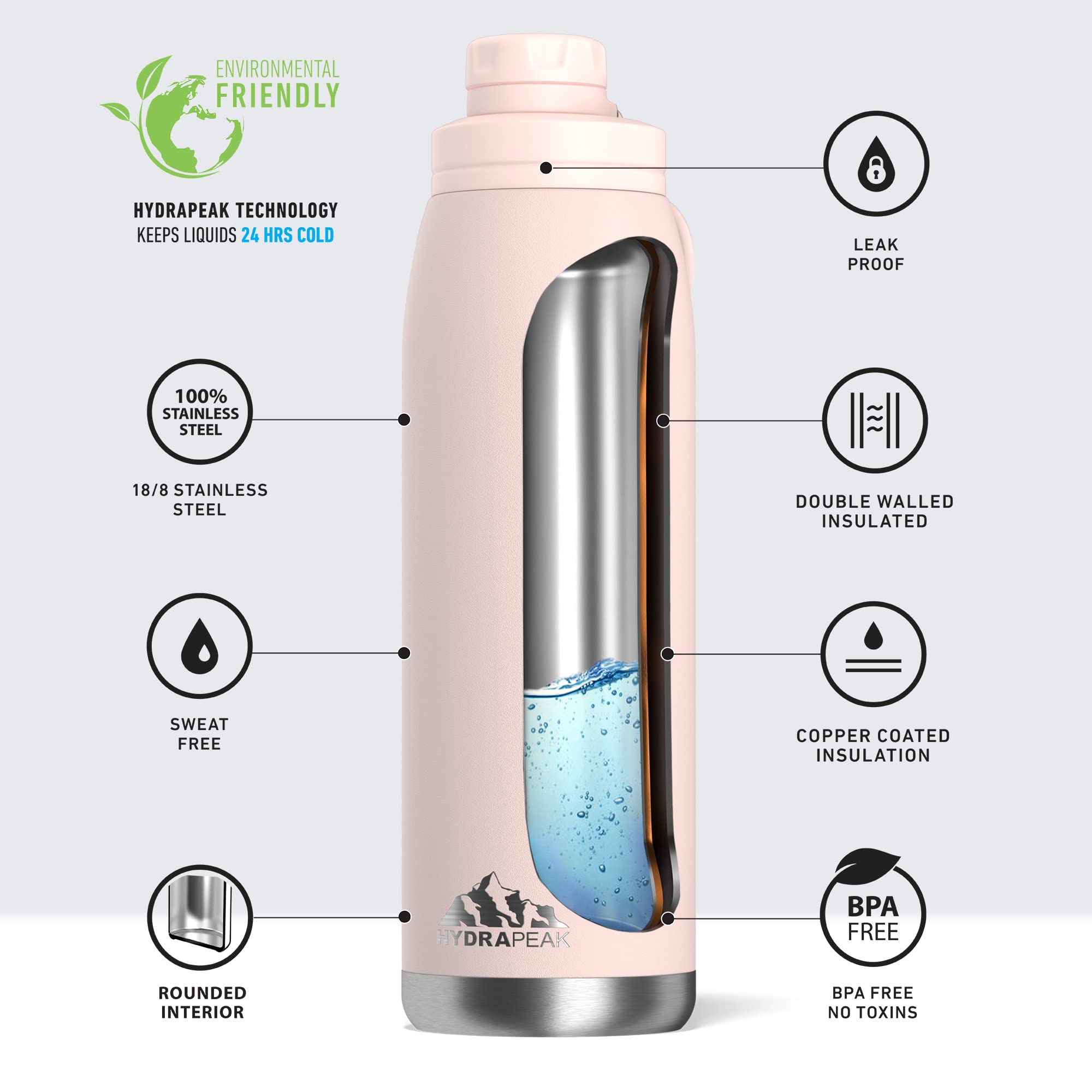 Hydrapeak 40 oz Insulated Water Bottle with Chug Lid - Seashell - Leak Proof Double Walled Stainless Steel