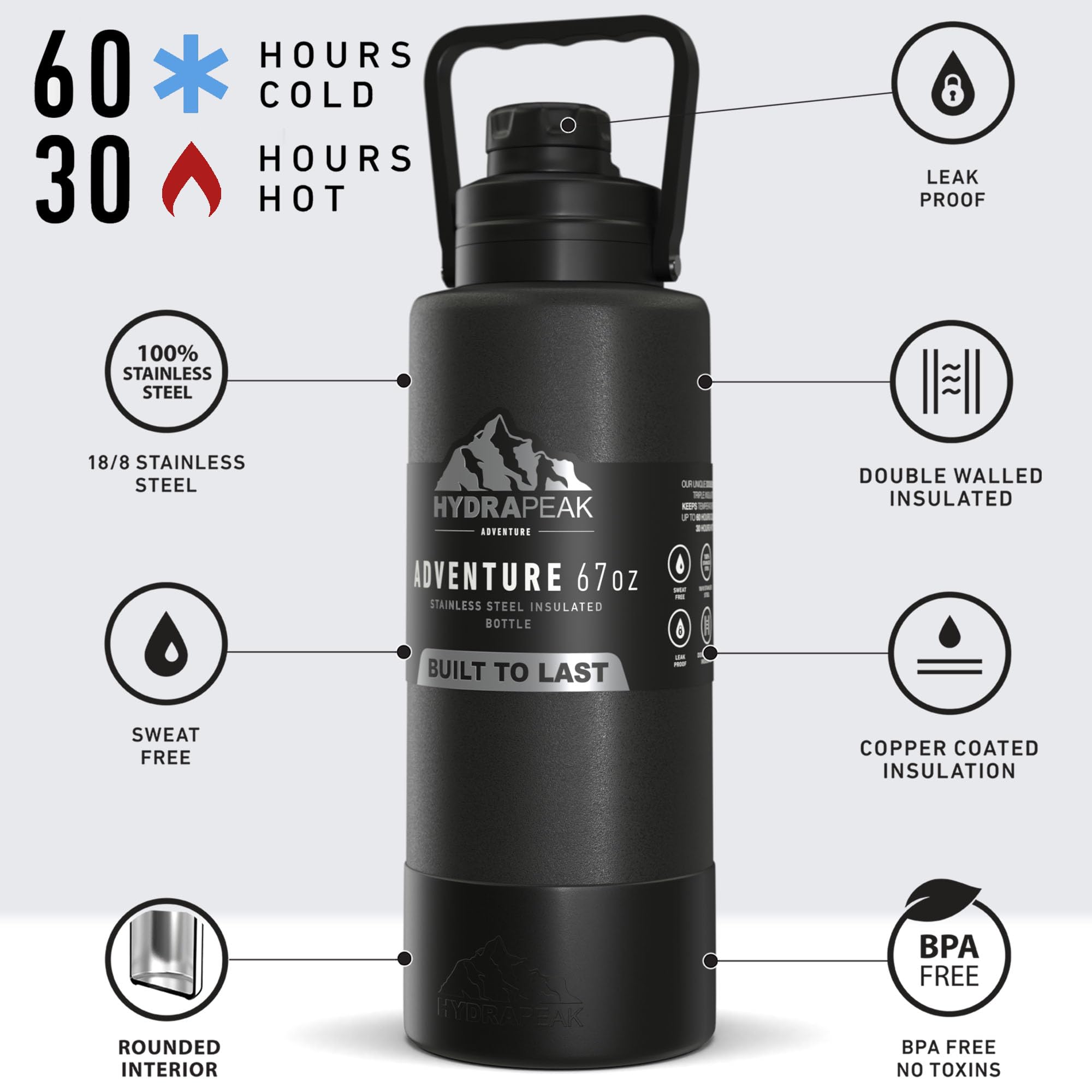 Hydrapeak Adventure 67oz Insulated Water Bottle - Black Half Gallon Canteen