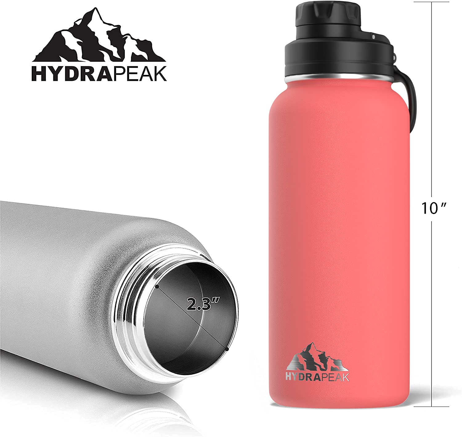 Hydrapeak 32oz Insulated Water Bottle with Chug Lid - Coral - Leak-Proof Stainless Steel Bottle with Handle