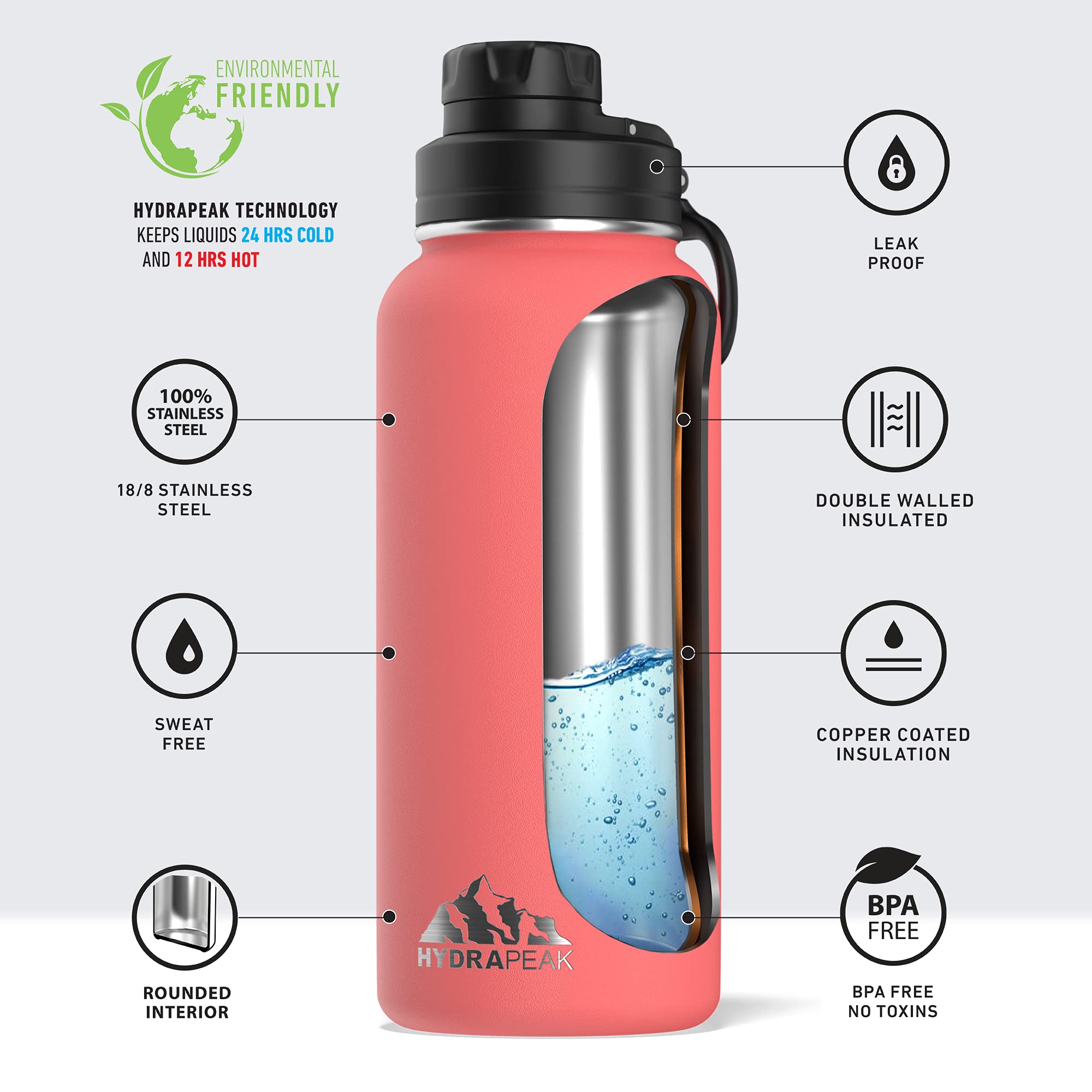 Hydrapeak 32oz Insulated Water Bottle with Chug Lid - Coral - Leak-Proof Stainless Steel Bottle with Handle