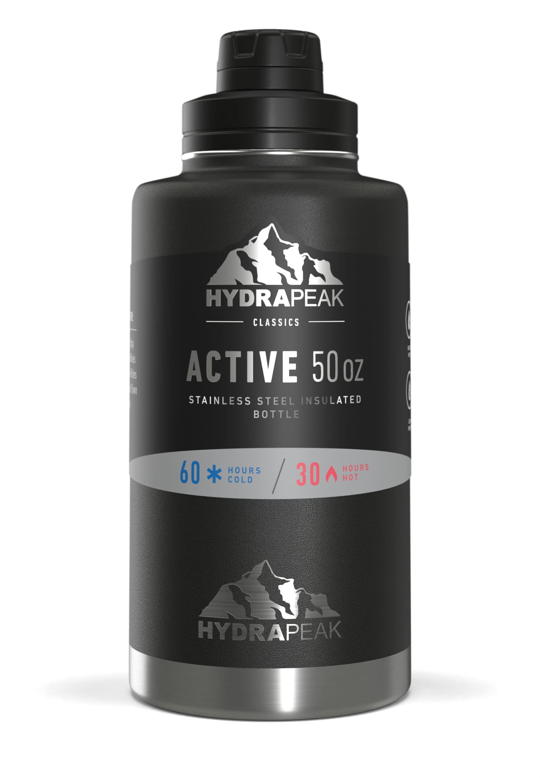 Hydrapeak 50oz Insulated Water Bottle - Black, Leak-Proof Stainless Steel Flask with Chug Lid and Handle