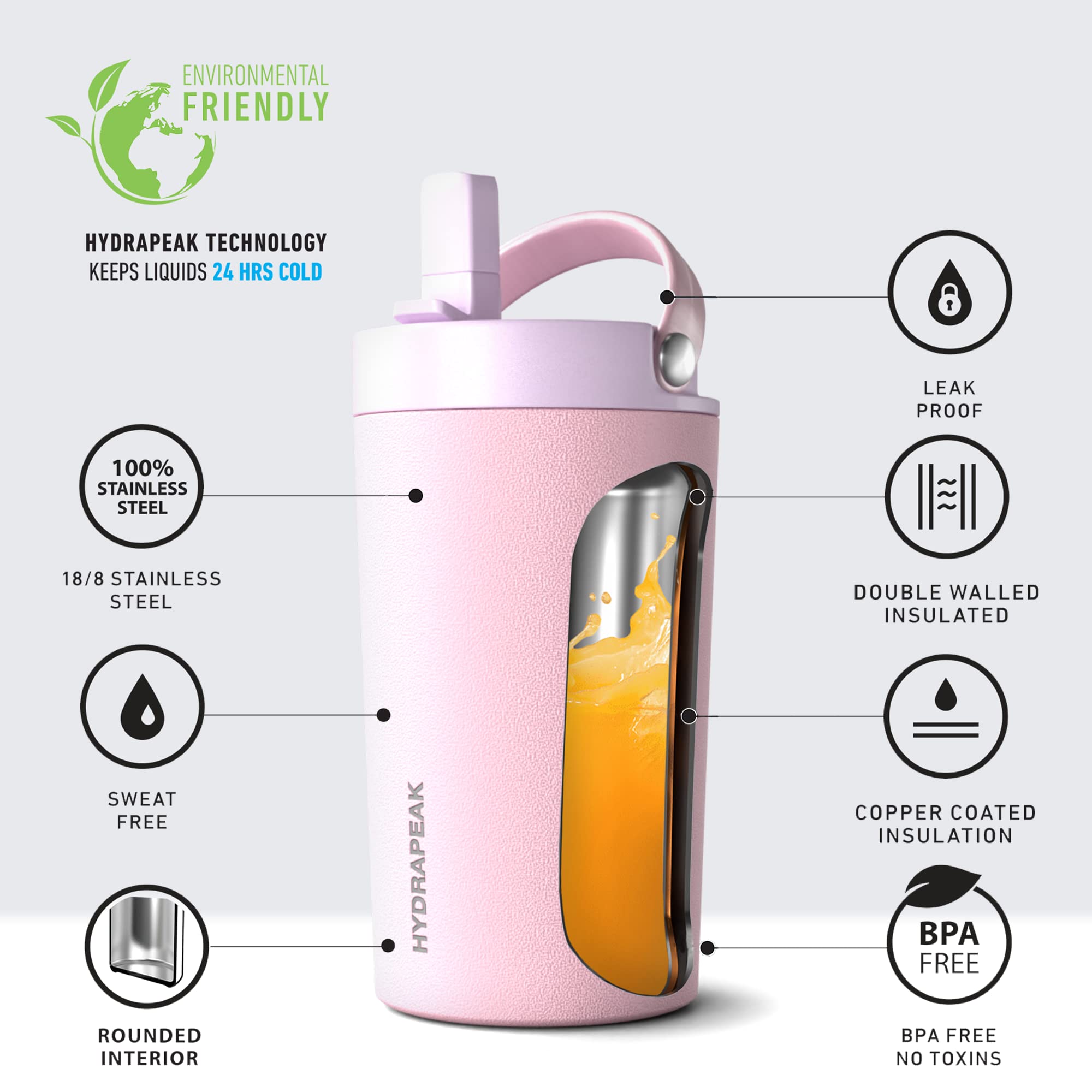 Hydrapeak Junior 14oz Insulated Kids Water Bottle with Straw Lid - Stainless Steel Double-Walled and Leak-Proof