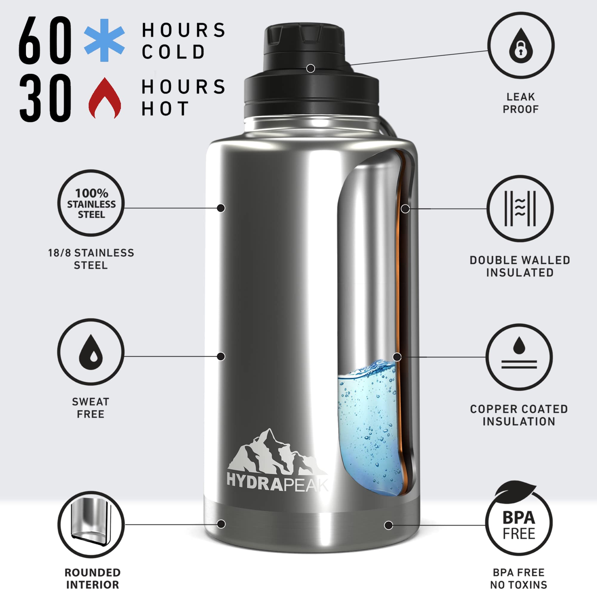 Hydrapeak 50oz Insulated Stainless Steel Water Bottle - Bare Stainless Steel Flask with Chug Lid