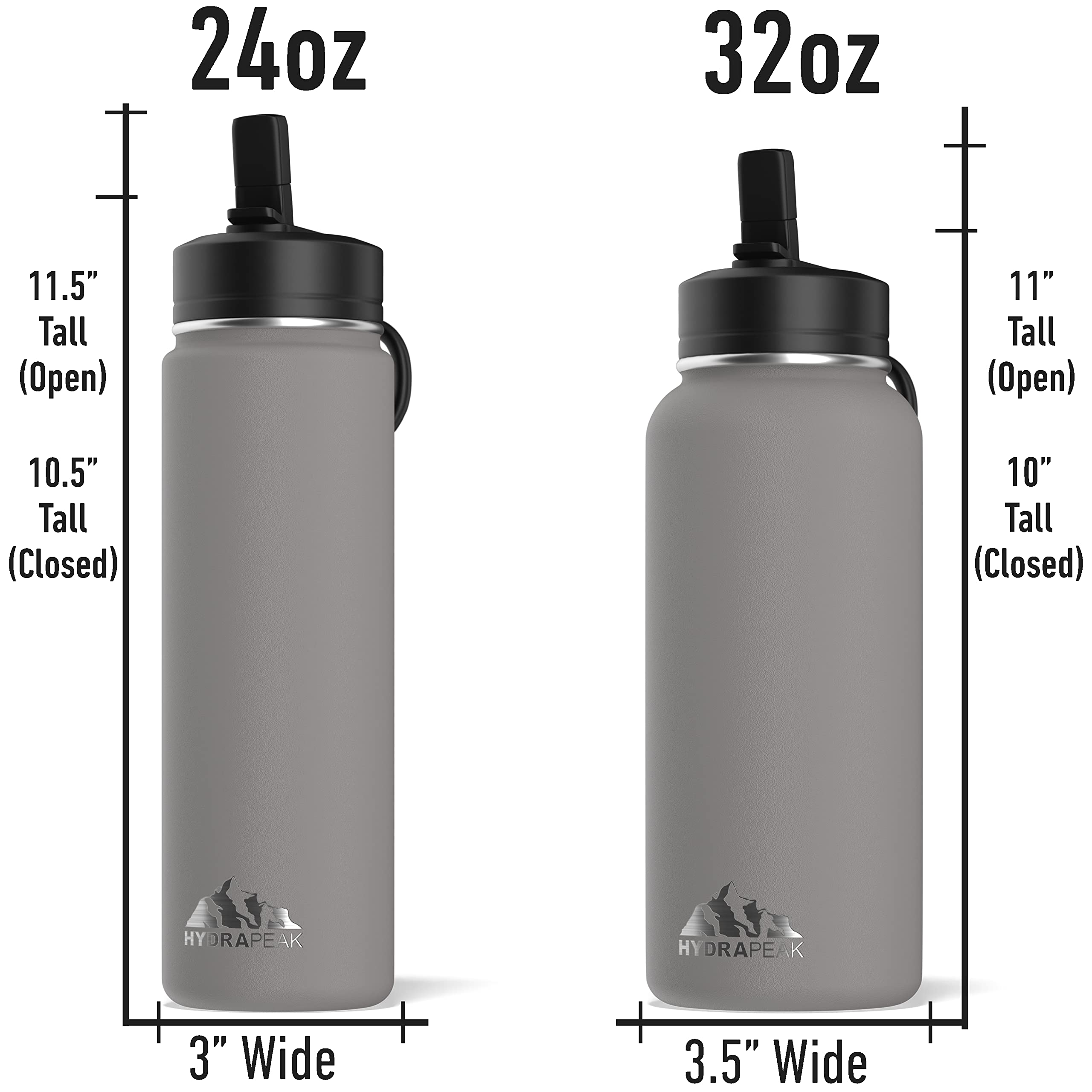 Hydrapeak 32oz Insulated Water Bottle with Straw Lid - Grey, Double Wall Stainless Steel