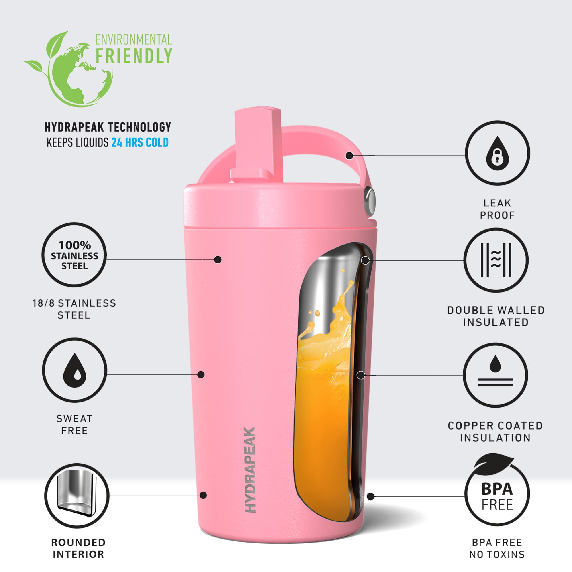 Hydrapeak Junior 14oz Insulated Kids Water Bottle with Straw Lid, Bubblegum Pink, 18/8 Stainless Steel, Leak-Proof