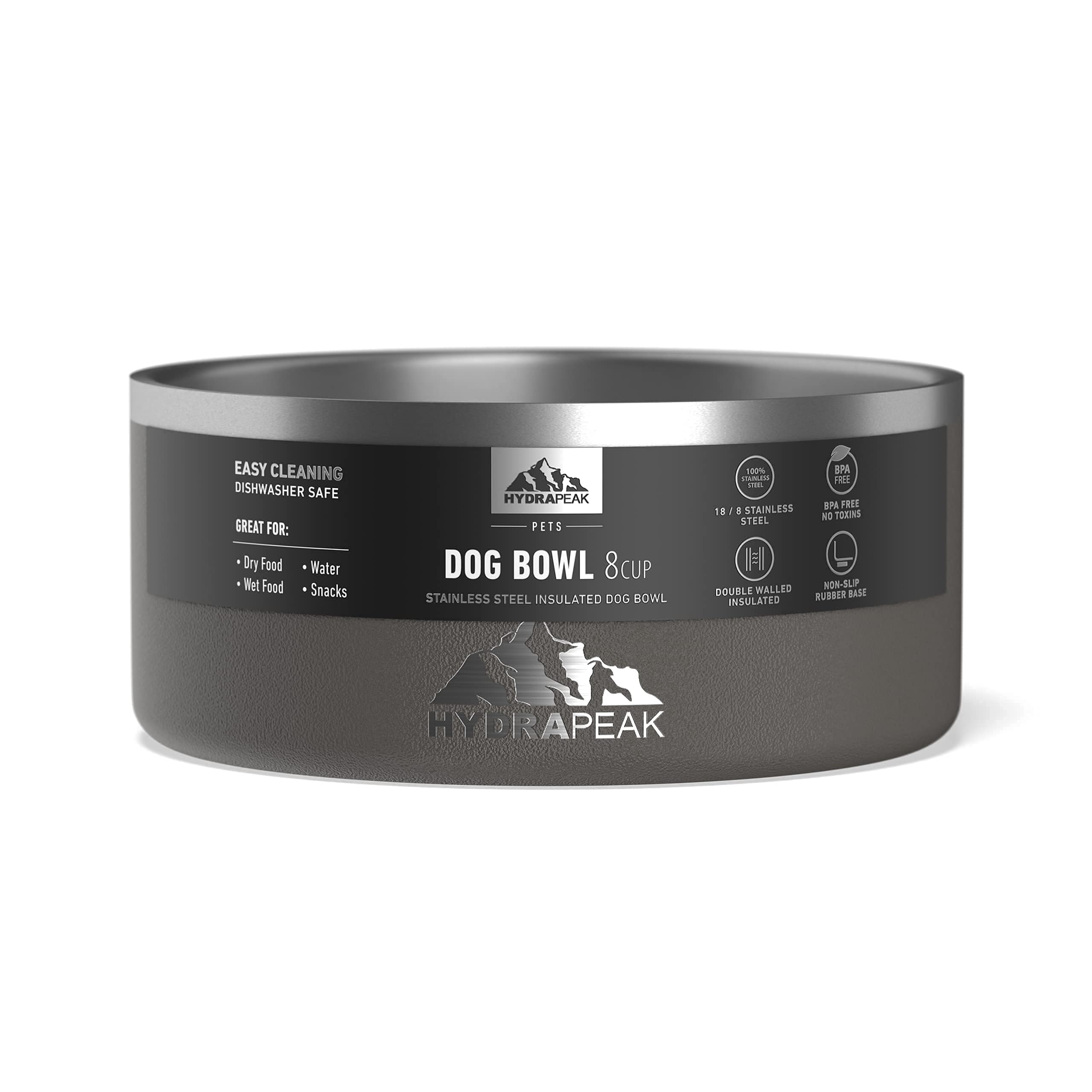 Hydrapeak Dog Bowl - Non-Slip Stainless Steel Water and Food Dish - 8 Cup Graphite