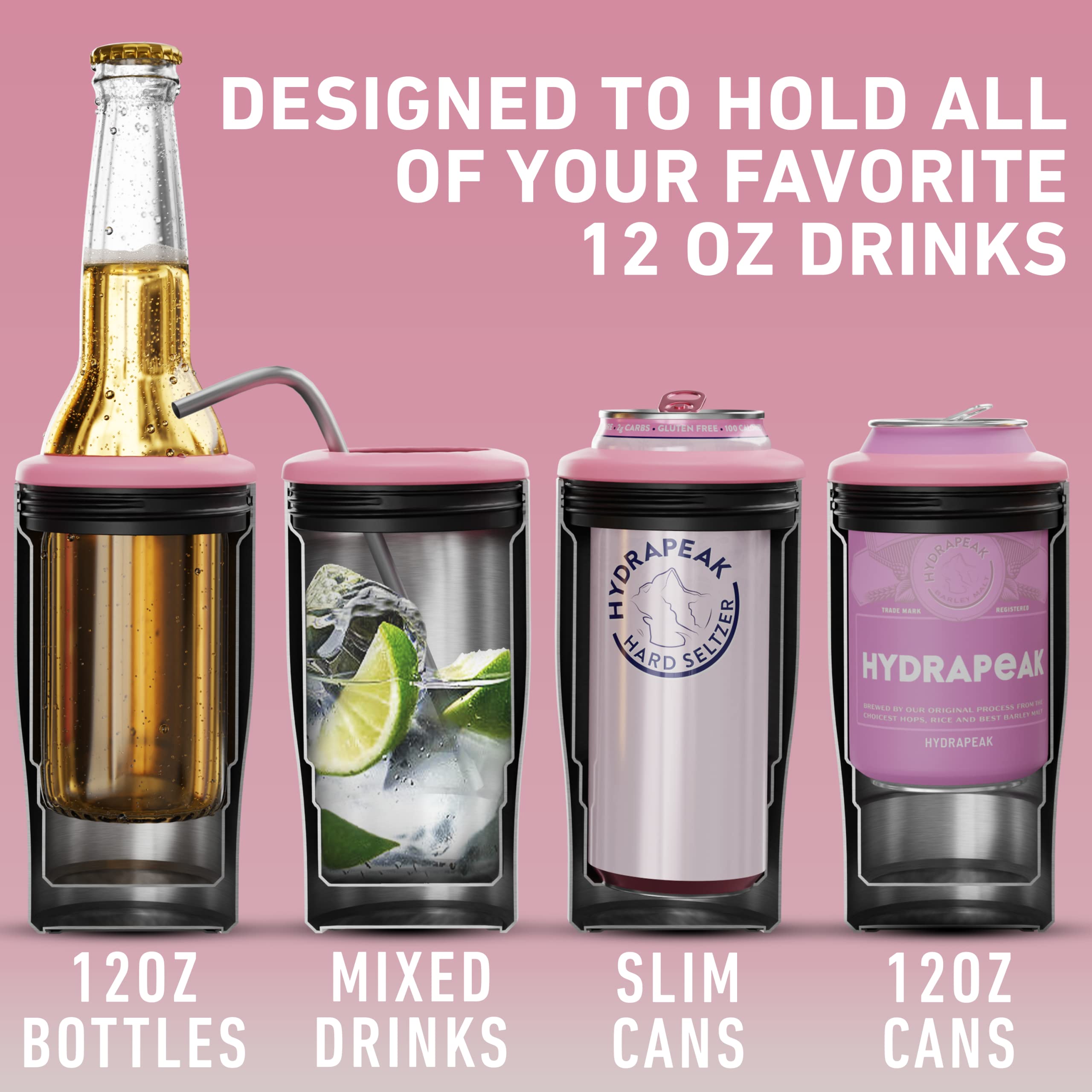 Hydrapeak Bubblegum 4-in-1 Can Cooler – Pink Universal Drink Cooler for Any 12 oz Can