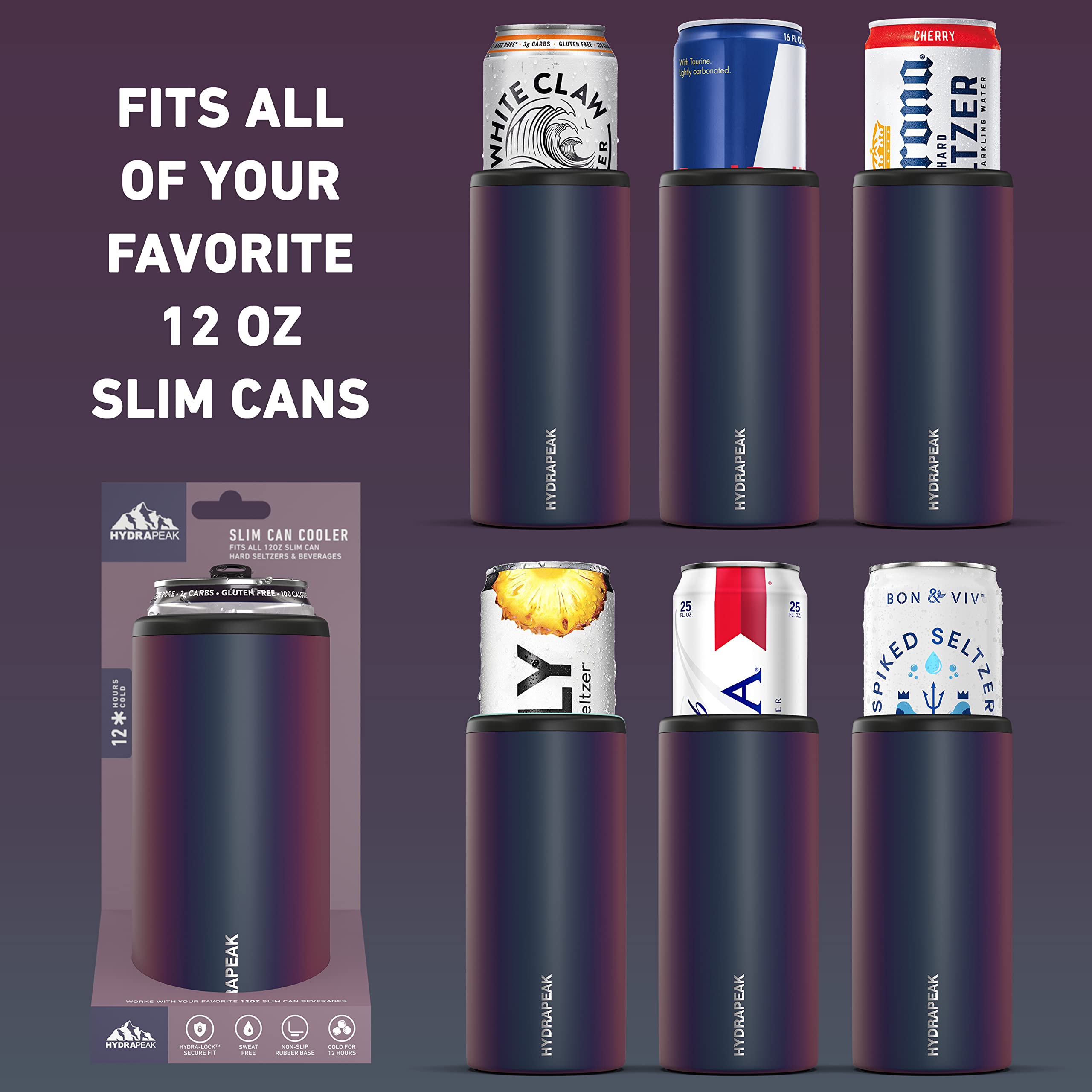 Hydrapeak Slim Can Cooler - Double Wall Insulated 12 oz Skinny Can Cooler, Stainless Steel (Rainbow)