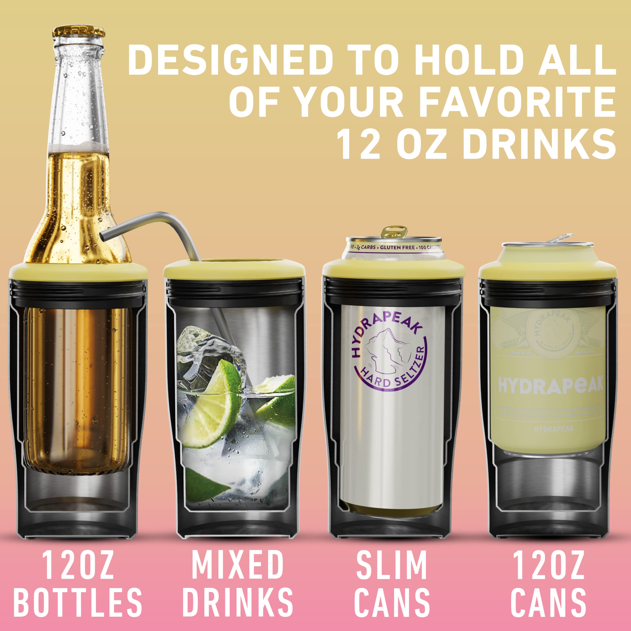Hydrapeak 4-in-1 Insulated Can Cooler - Tequila Sunrise, Fits 12 oz Slim & Standard Cans, Beer Bottles