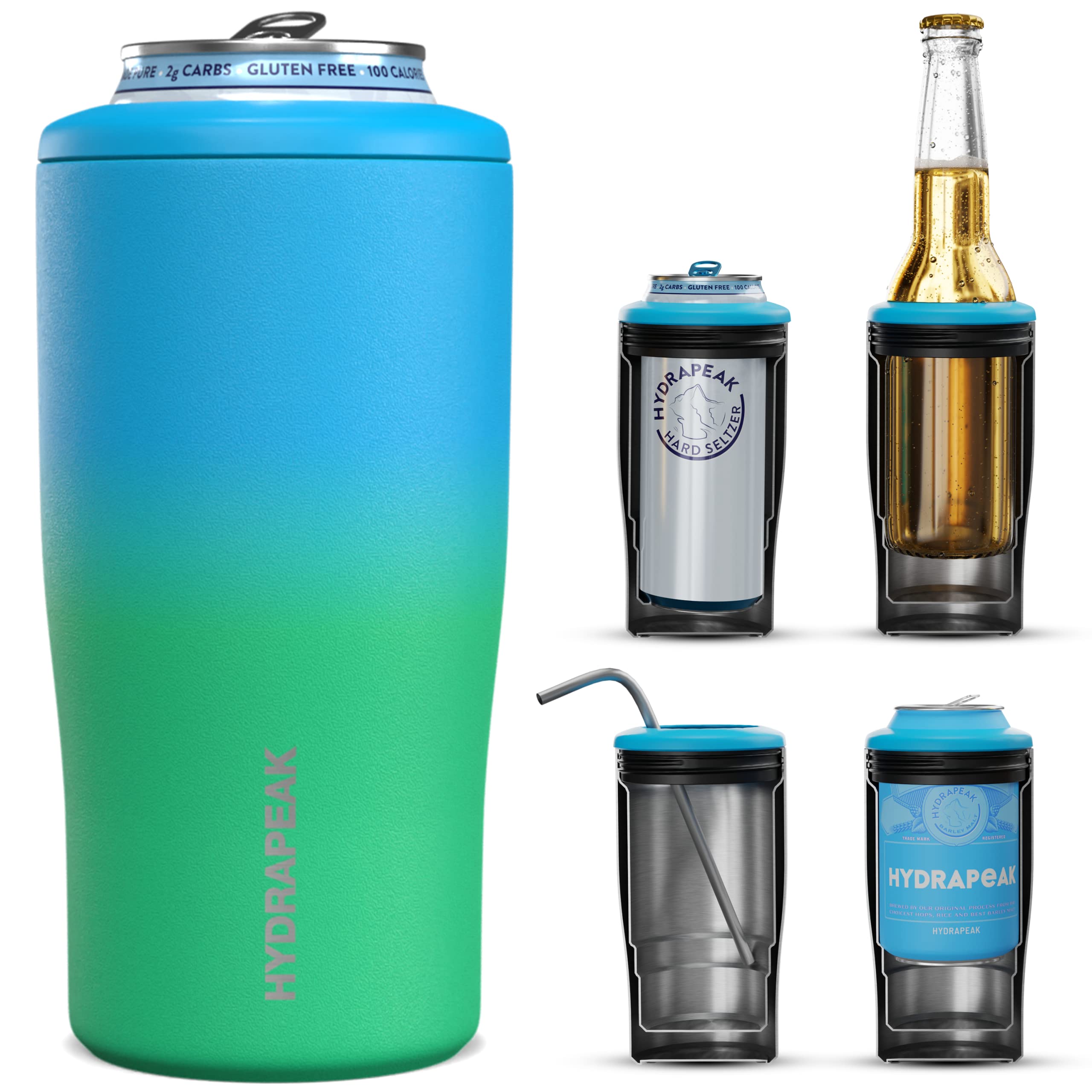 Hydrapeak 4-in-1 Insulated Can Cooler - Blue Lagoon, Fits 12 oz Slim & Standard Cans, Beer Bottles