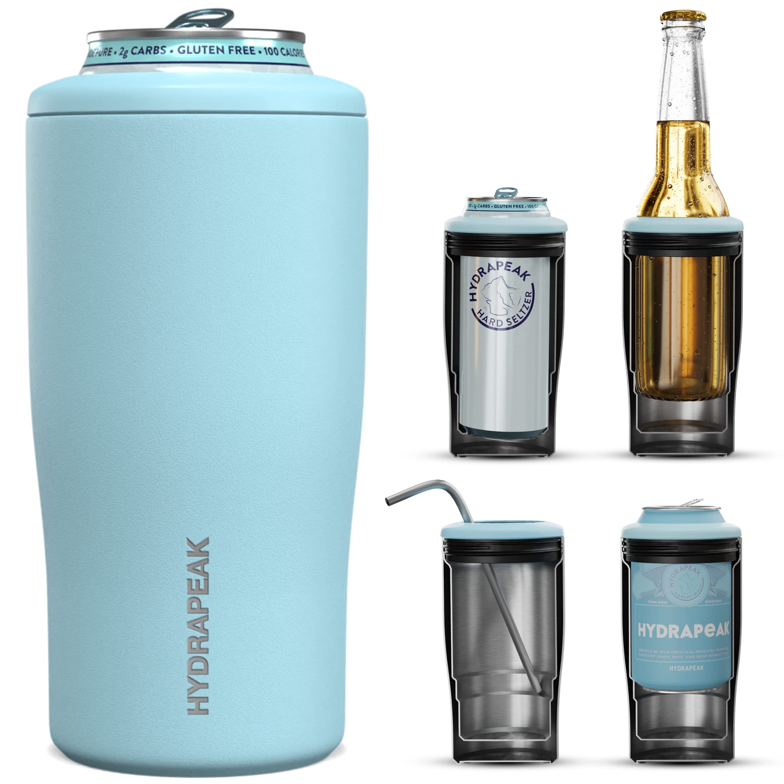Hydrapeak Powder Blue 4-in-1 Can Cooler – Fits Slim Cans, Standard Cans & Beer Bottles