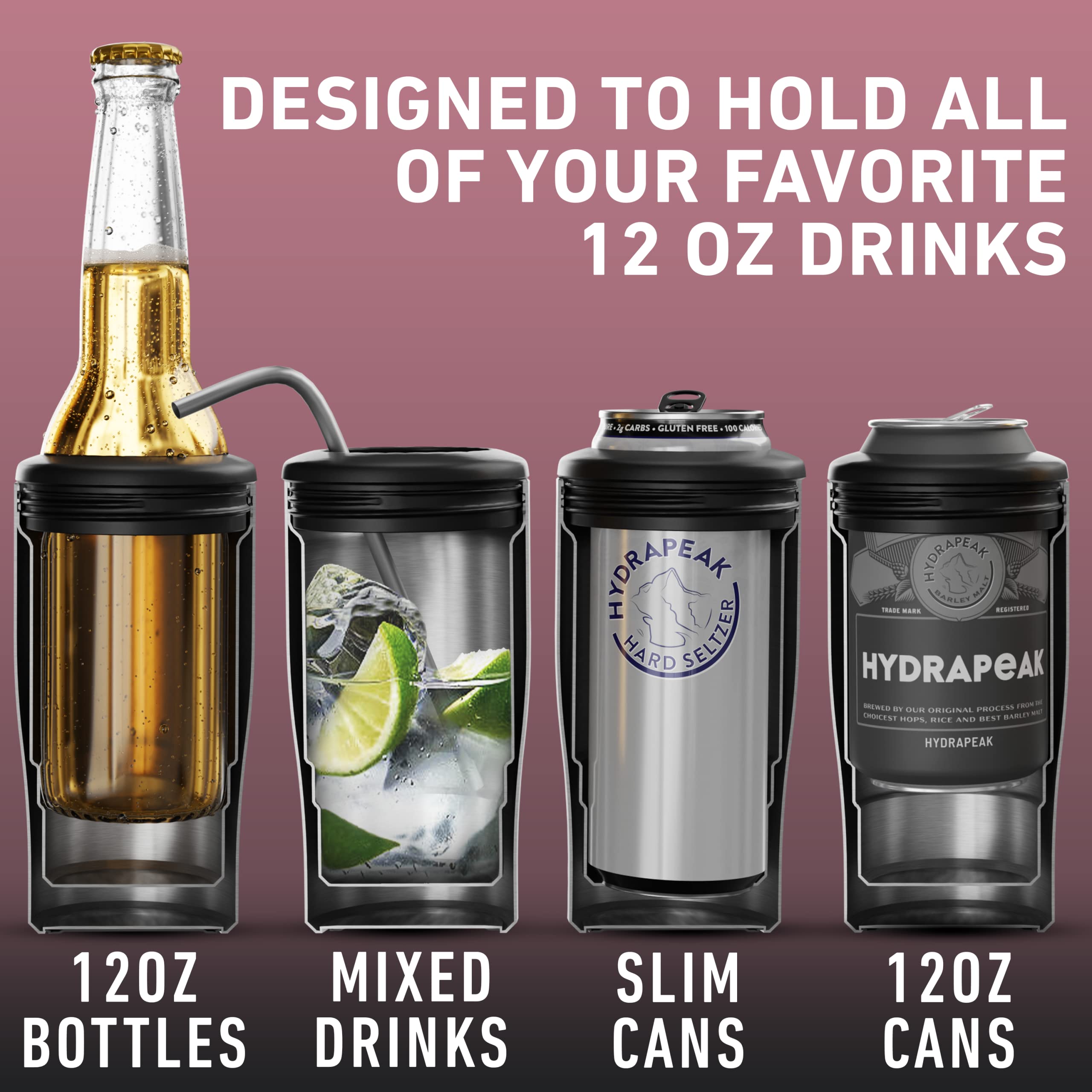 Hydrapeak 4-in-1 Insulated Can Cooler - Rose Gold, Fits 12 oz Slim & Standard Cans and Bottles