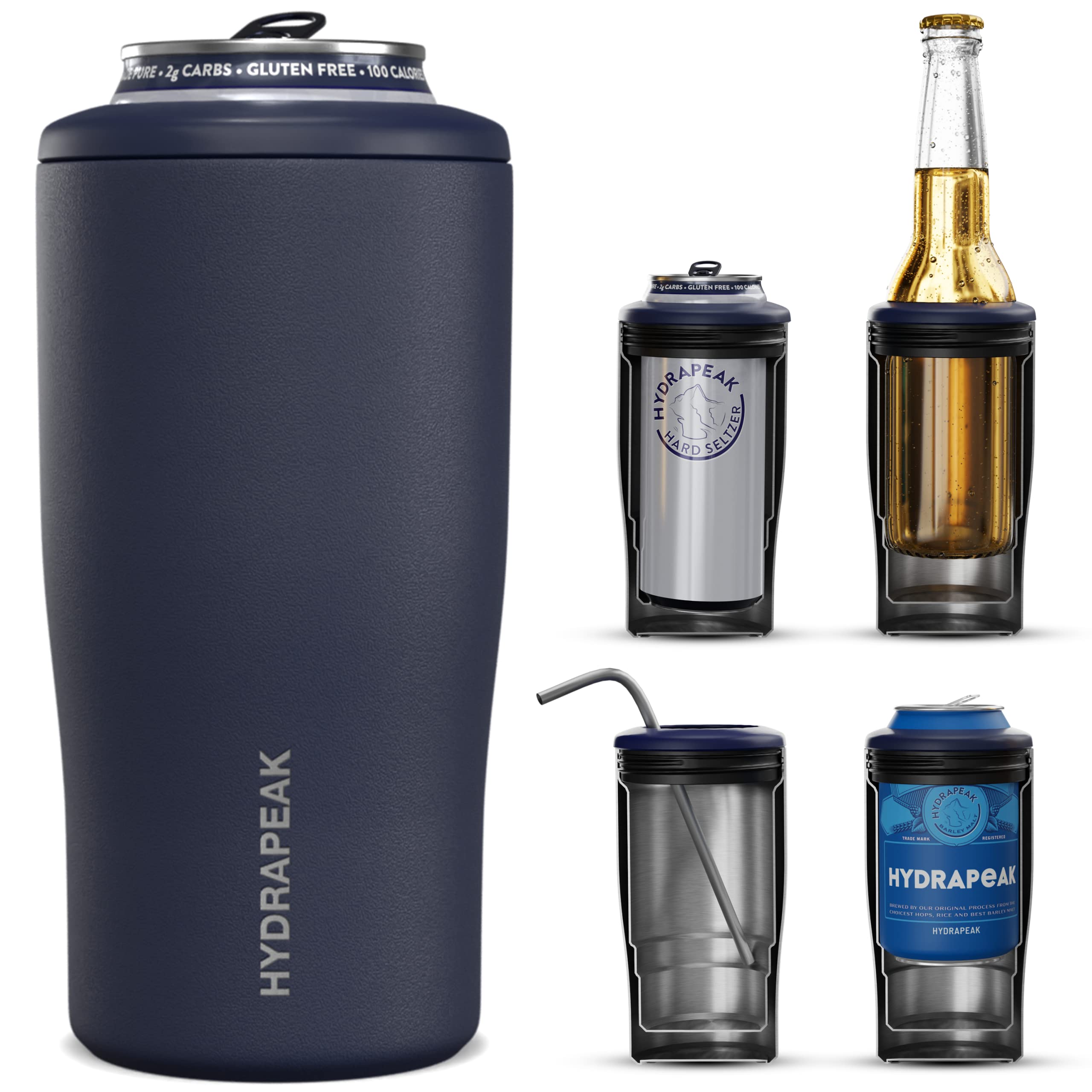 Hydrapeak 4-in-1 Insulated Can Cooler - Navy, Fits 12 oz Slim & Standard Cans, Beer Bottles