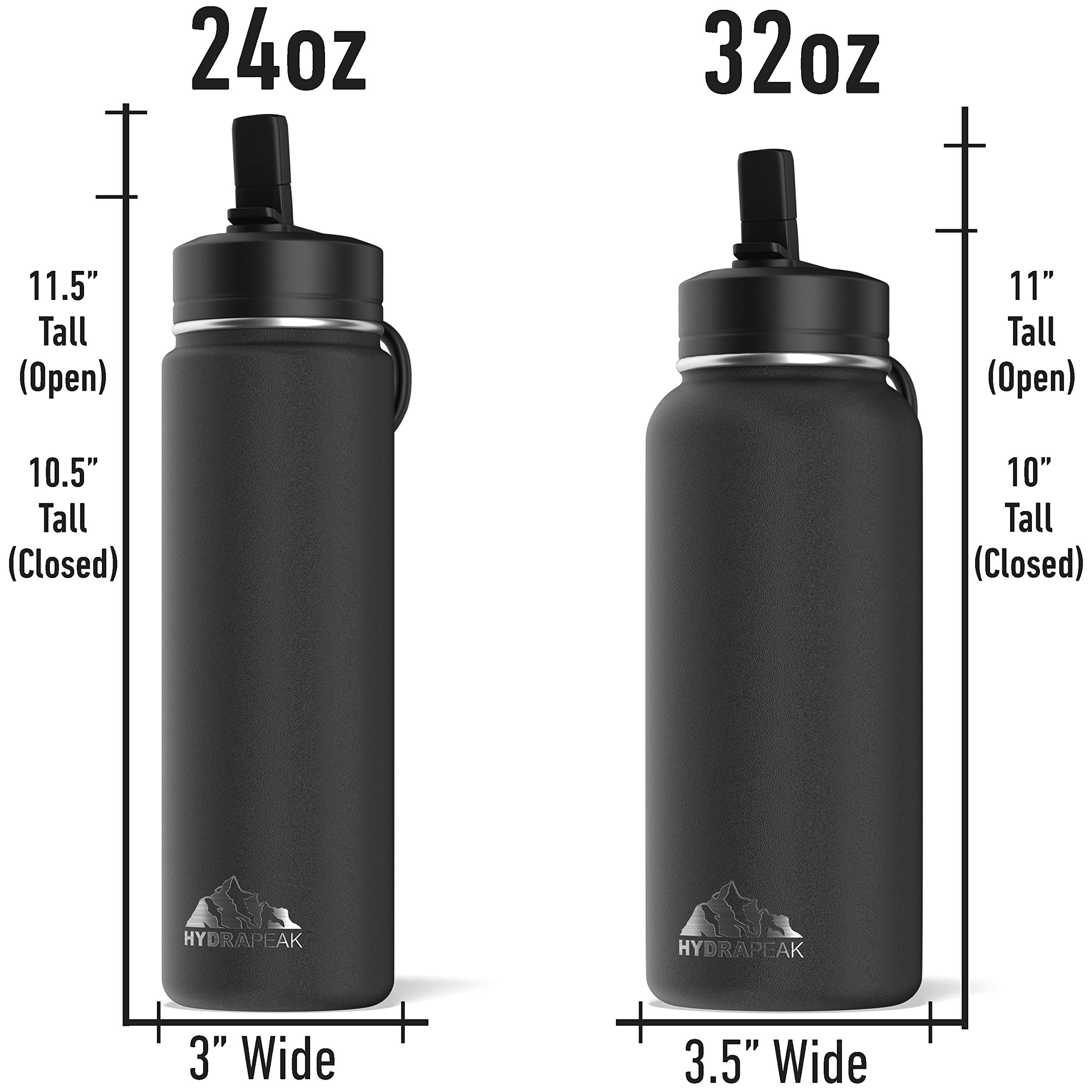 Hydrapeak 32 oz Insulated Water Bottle with Straw Lid - Black, Double-Walled Stainless Steel, Leak-Proof